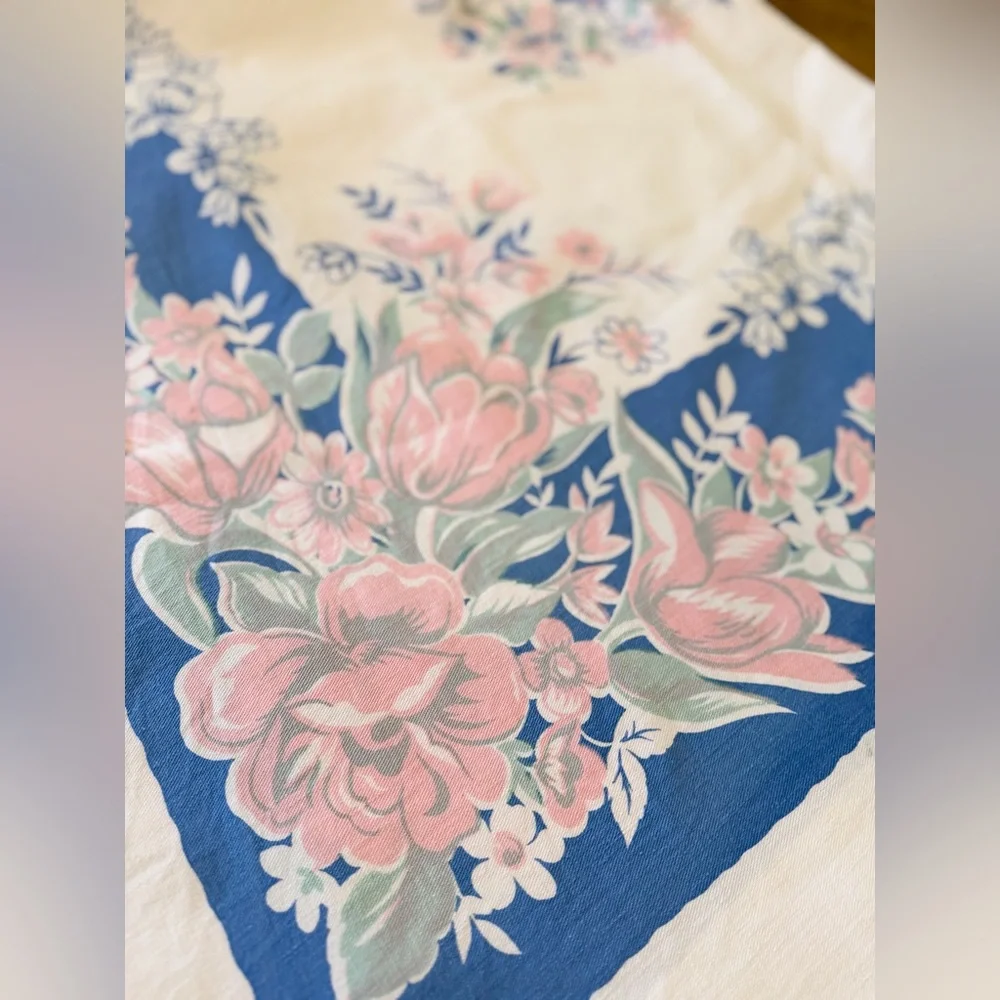Vintage 1950’s Floral 51x45 Tablecloth. Pink | Blue Cottagecore | Simple Classic